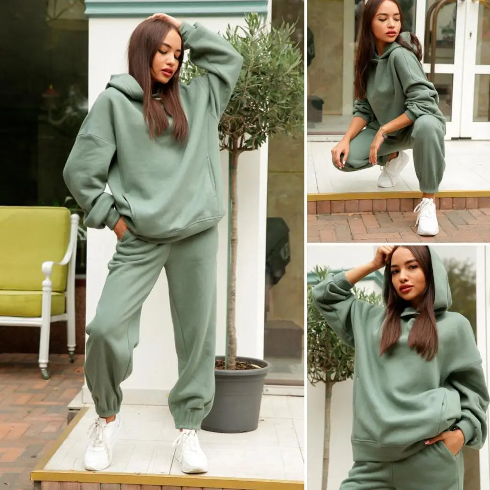 Casual Hooded Sweater and Full-Length Pants Set for Women